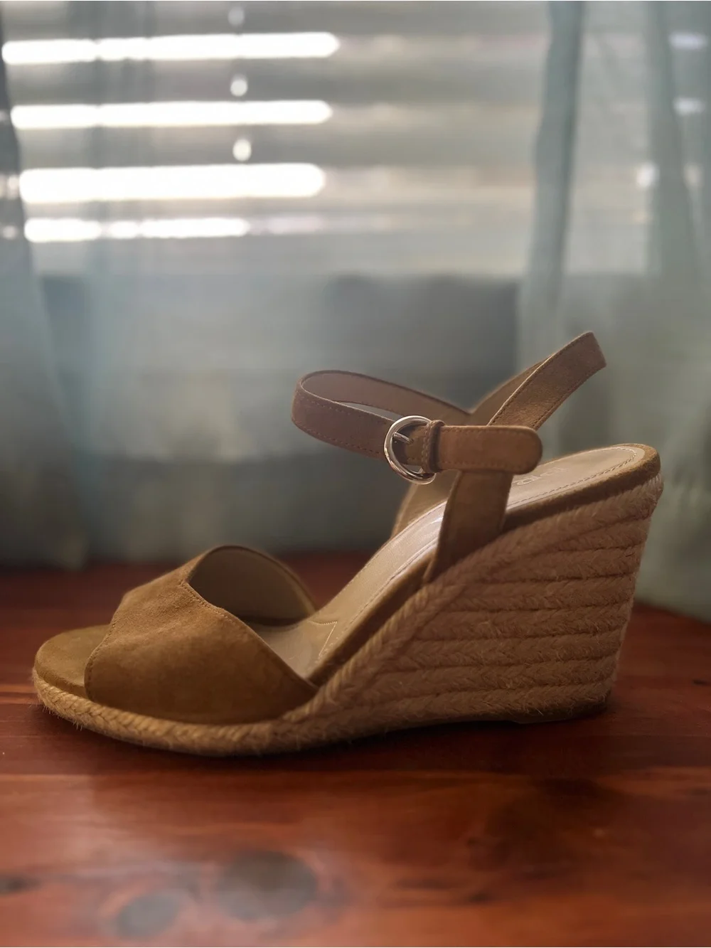 Prada Tan Suede Open-Toe Ankle-Strap Wedge Sandals